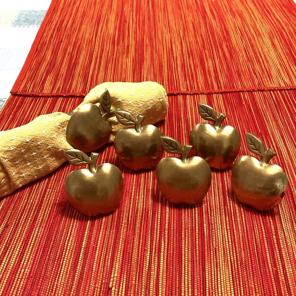 Apple Napkin Rings, Set of 6, Brass or Brass-Plated Country Farmhouse Gold Metal